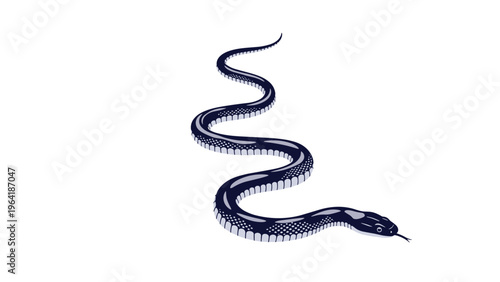 Elegant illustration of a long, dark-scaled snake gracefully slithering across a white background, showcasing its sleek form and reptilian beauty.