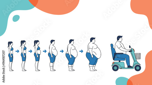 Visual progression illustrating the stages of obesity in a woman, from a slim figure to significant weight gain, eventually using a mobility scooter.