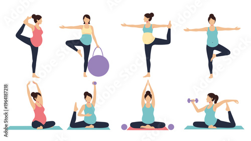 Diverse collection of pregnant women performing various yoga poses and exercises, promoting prenatal fitness, health, and well-being during pregnancy.
