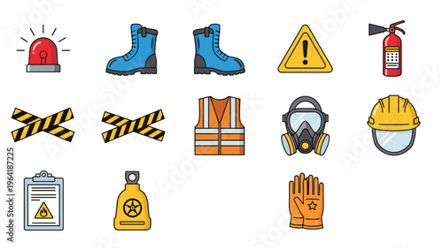 Comprehensive collection of safety and hazard icons, including safety gear, warning signs, emergency equipment, and hazardous material symbols.
