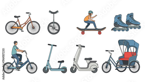 Diverse collection of personal transportation modes, including bicycles, unicycles, skateboards, roller skates, kick scooters, and a rickshaw, promoting active travel.