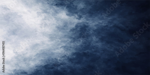 A dramatic summer cloudscape features white clouds drifting across a bright blue sky before dark stormy weather turns the nature abstract and overcast