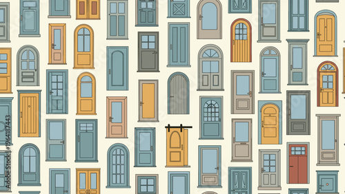 Architectural seamless pattern showcasing a diverse collection of colorful doors in various styles and designs, creating an interesting background.