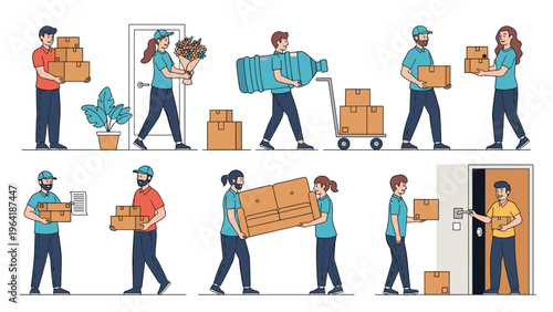 Diverse group of delivery workers actively engaged in various tasks, from carrying boxes and furniture to delivering flowers and bottled water.
