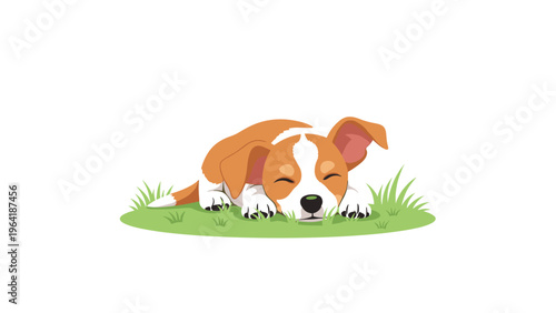 Adorable brown and white puppy sleeping soundly and peacefully on a patch of vibrant green grass, isolated on a white background.