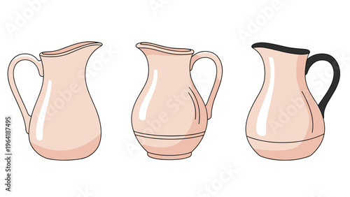 Collection of three distinct ceramic pitchers in varying shapes and styles, all rendered in a soft, light pink hue against a white background.