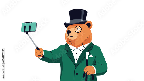 Dapper cartoon bear dressed in a green suit, top hat, and monocle, playfully taking a selfie with a smartphone on a selfie stick.