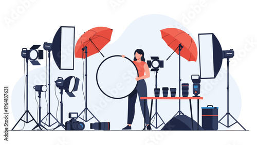 Female photographer standing amidst a comprehensive array of professional photography studio equipment, including lights, cameras, and lenses.