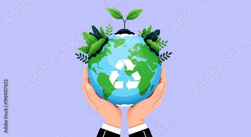 Hands holding a green earth with recycling symbol and plants growing on top