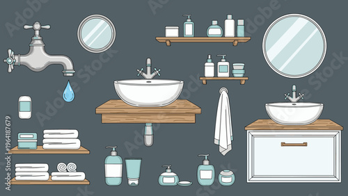 Comprehensive collection of modern bathroom fixtures and accessories, including stylish sinks, mirrors, shelves, and various toiletries, on a dark background.