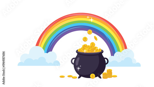 Vibrant rainbow arching over fluffy white clouds, with a black pot overflowing with shiny gold coins at its base, symbolizing luck and wealth.