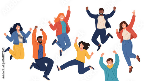 Energetic group of diverse young people joyfully jumping in the air with arms raised, celebrating success and freedom against a white background.