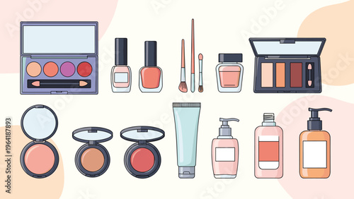 Diverse collection of various makeup and cosmetic products, including eyeshadow palettes, nail polishes, brushes, and different skincare lotions.