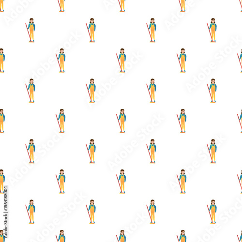 Cleaner woman wearing yellow uniform and cleaning with a broom repeating in a seamless pattern