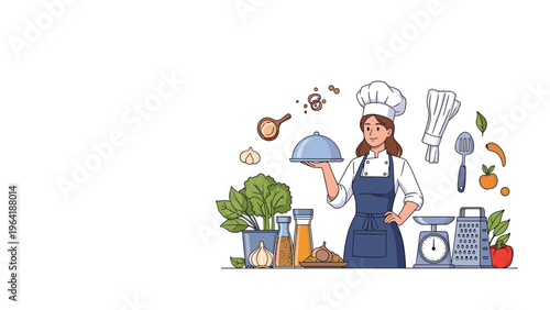 Confident female chef in a white uniform and blue apron proudly presenting a delicious dish, surrounded by fresh ingredients and cooking utensils.