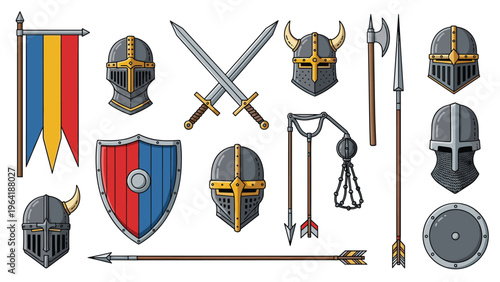 Impressive collection of medieval knight armor, featuring various helmets, shields, swords, axes, and arrows, alongside a colorful banner.