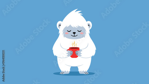 Adorable white yeti or abominable snowman with rosy cheeks, happily holding a steaming red mug, suggesting a warm drink, on a blue background.