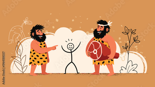Two happy cavemen, one holding a large piece of raw meat, curiously interacting with a simple stick figure drawing in an ancient setting.