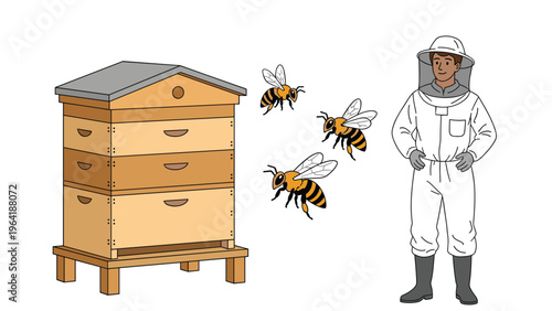 Dedicated beekeeper wearing a full protective suit, standing beside a multi-tiered wooden beehive with several honeybees flying nearby.