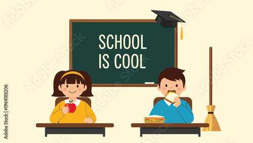 Happy children sitting at school desks in a cheerful classroom, one eating an apple and the other a sandwich, with "SCHOOL IS COOL" on the chalkboard.