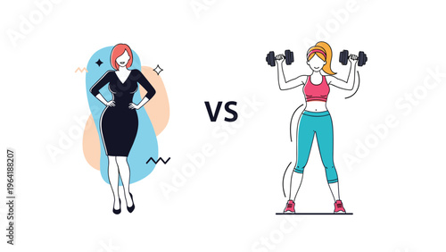 Visual comparison between two female body types, showcasing a curvy woman in an elegant dress versus an athletic woman lifting dumbbells, marked with "VS".