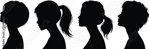 Detailed silhouettes of four diverse women in profile view with various hairstyles including ponytail bob and short curly hair on white.