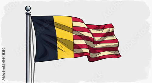 Artistic illustration of a composite flag, displaying vertical black, yellow, and red stripes combined with a horizontal red and white pattern, gently waving on a flagpole