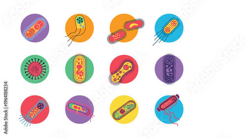 Diverse collection of colorful bacteria and virus icons presented within vibrant circular frames, representing microbiology and health concepts.