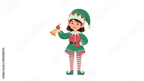 Cheerful Christmas elf wearing a festive green and red costume and hat, happily ringing a golden bell, ready for the holiday season.