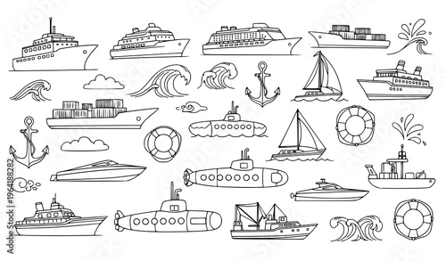 Ship and Submarine Doodle Sketch Vector Illustration – Marine Transport Collection