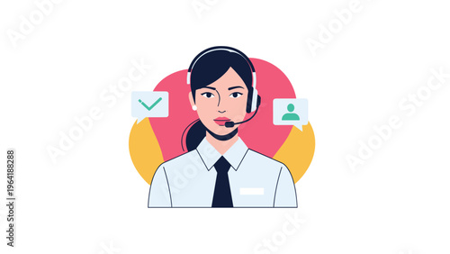 Professional female call center operator wearing a headset with a microphone, ready to assist customers, depicted with chat bubble icons.