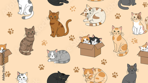 Charming seamless pattern featuring an array of cute cats and kittens in various poses, interspersed with paw prints on a light brown background.