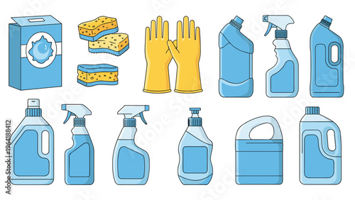 Extensive collection of various cleaning products and household supplies, including detergent, sponges, gloves, and multiple spray bottles and liquids.