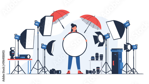 Professional female photographer standing confidently in a well-equipped photo studio, surrounded by a comprehensive array of lighting and camera gear.