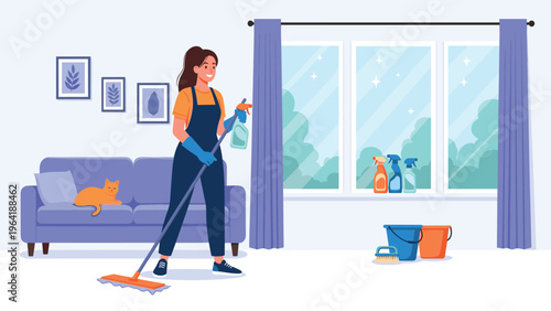 Cheerful woman wearing an apron and gloves, happily mopping the floor in a bright living room, surrounded by various cleaning supplies.