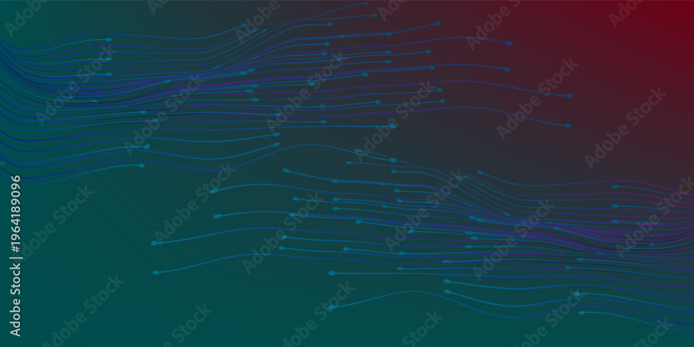 Obraz premium Abstract Data Flow Network With Blue Lines and Dots Over Dark Teal And Red Gradient Background