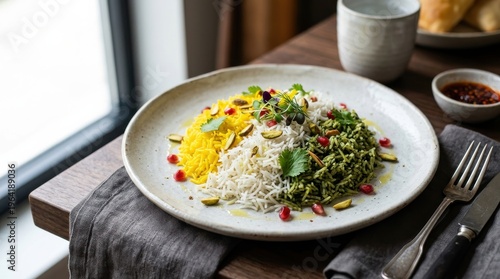 Delicious Persian rice dish with herbs, saffron, and pistachios on a table