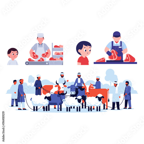 Traditional Butcher Shop Scene with Live Animals and Meat Preparation