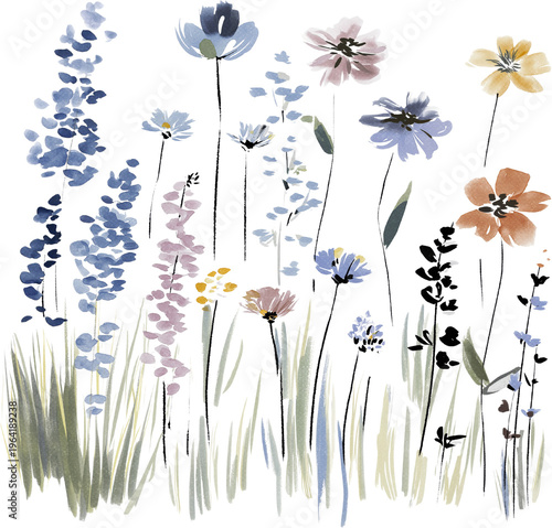 Cute little minimal blue flowers watercolor illustration clipart. Set watercolor design elements of roses collection garden navy blue flowers, leaves, gold branches, Botanic illustration isolate