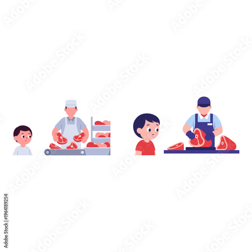 Young boy observing meat processing and butchering stages in a modern food factory