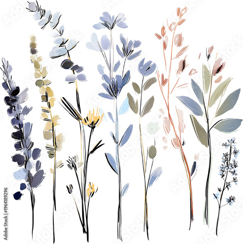 Cute little minimal blue flowers watercolor illustration clipart. Set watercolor design elements of roses collection garden navy blue flowers, leaves, gold branches, Botanic illustration isolate