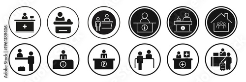 Collection of reception desk icons representing various services and information points with people and symbols