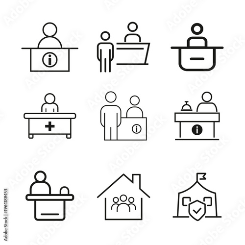 Collection of simplified line art icons representing reception desks customer service and assistance points for various needs