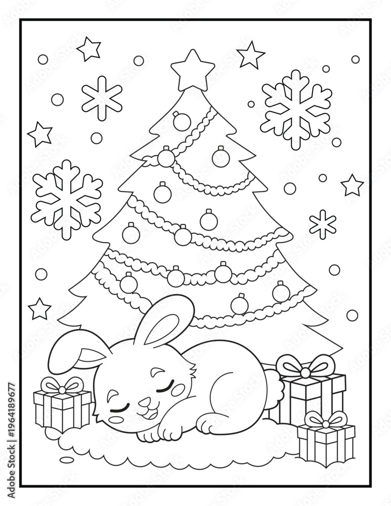 Fototapeta premium Sleeping Bunny Under Christmas Tree Coloring Page for Kids. Simple Holiday Line Art for Children.