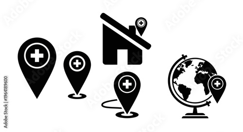 Comprehensive Vector Icon Set for Healthcare Location Services, Home Medical Support, and Global Outreach – Ideal for Digital Health Platforms