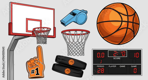 Collection of basketball equipment and accessories, including a hoop, ball, scoreboard, and fan foam finger