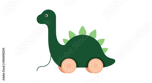 Charming green dinosaur pull toy with wooden wheels, a playful and nostalgic illustration for children's designs and educational themes
