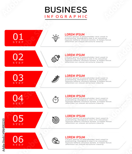 Six steps business diagram | Business infographic chart with timeline template and related icon | Traditional red colour premium design vector illustration