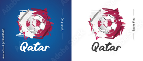 Abstract Qatar national flag ribbon soccer ball sport icon label banner handwritten typography lettering