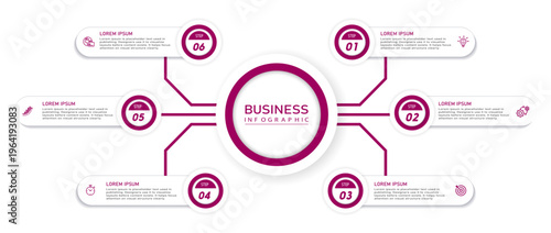 Business chart infographic template with icon | Modern market progress timeline representation step by step with dark magenta colour vector illustration | 6 steps diagram